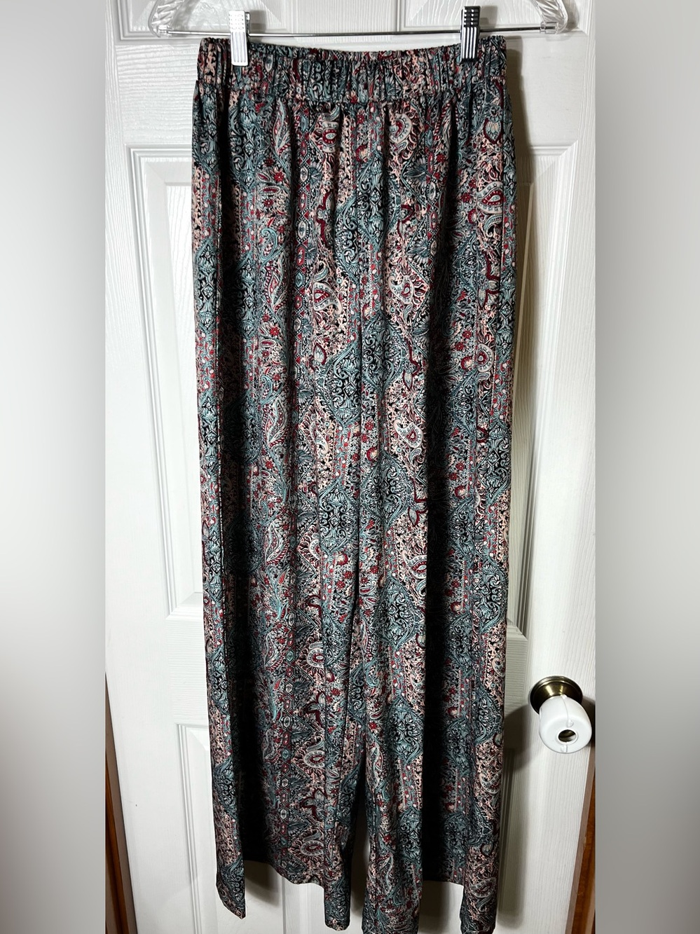 Boho Palazzo Pants Wide Leg High Rise Bohemian Paisley Turquoise/Red Women’s M